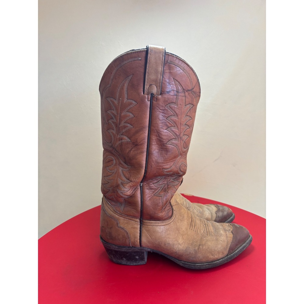 Vintage Tan‎ Brown Leather Western Cowboy Boots Pointed Toe Mens 9.5 D 71629 - Picture 2 of 12